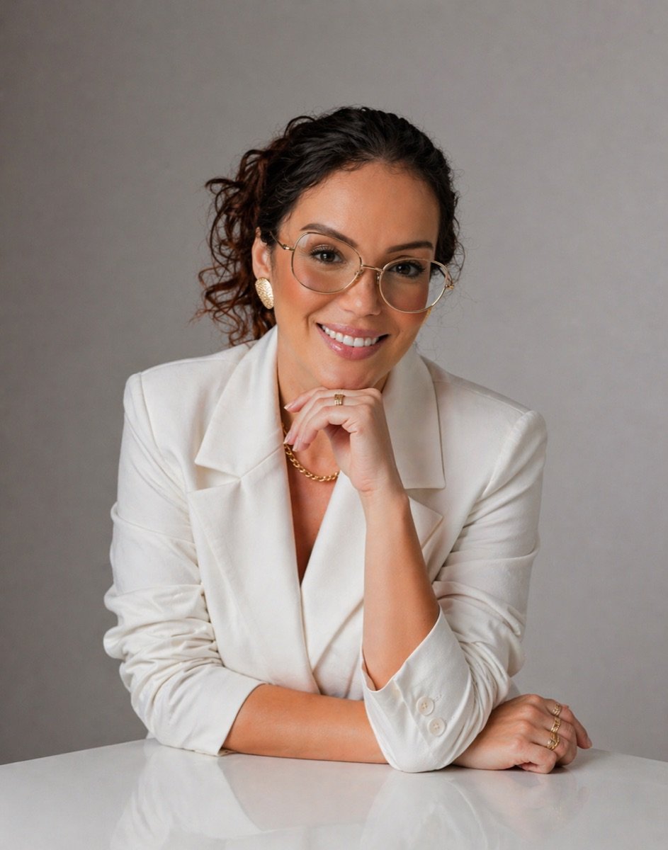Dra. Laryssa Luna sorrindo no consultório, ao lado do planejamento digital do sorriso